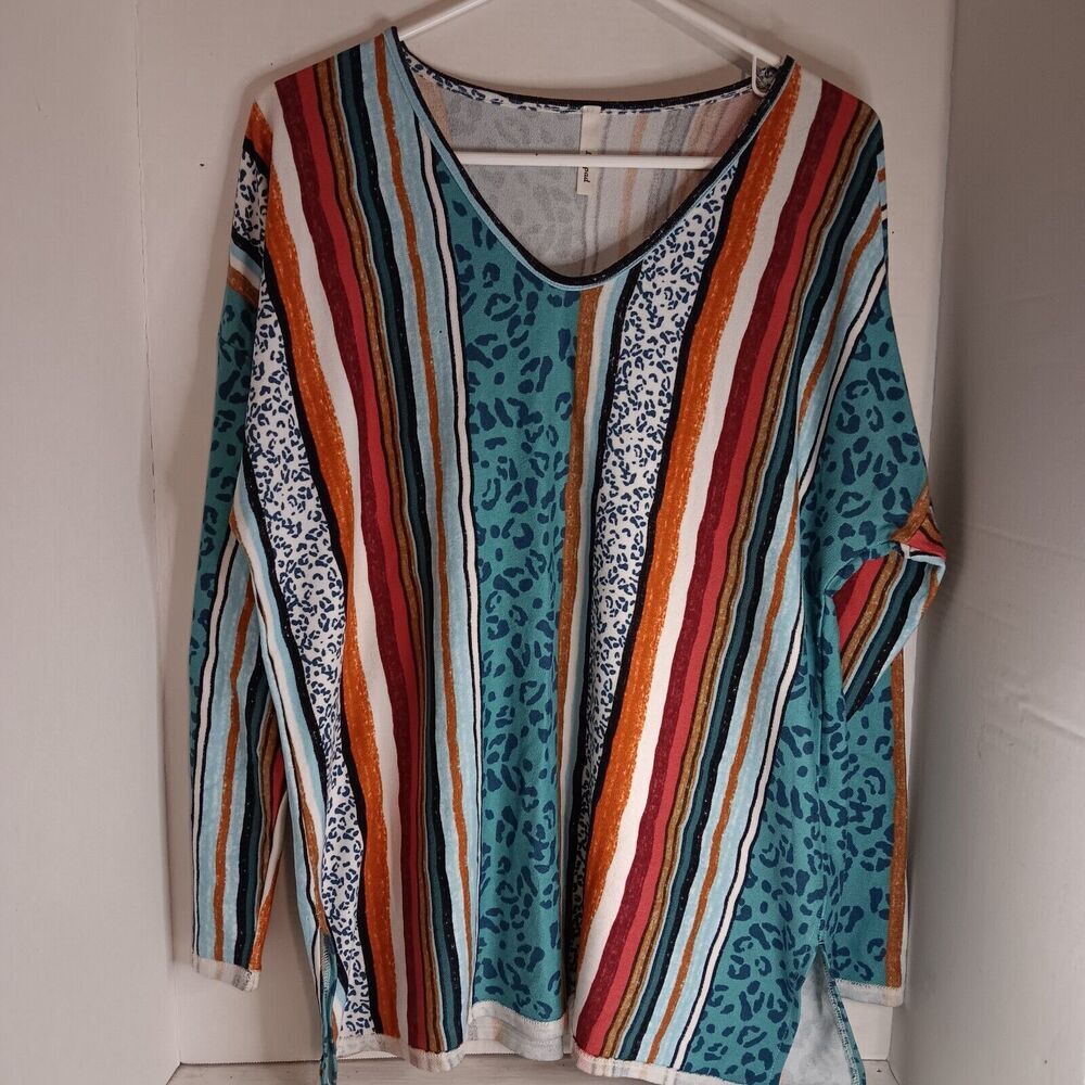 Lillypad Long Sleeve V-neck Top Striped And Animal Print Size 2XL
